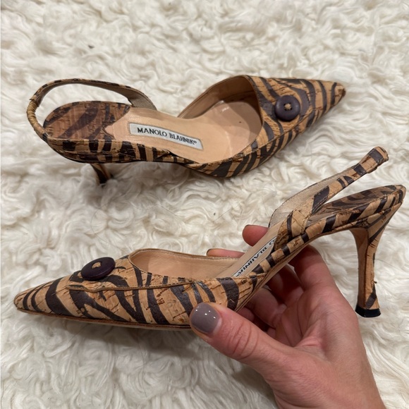 MANOLO BLAHNIK brown tan zebra print slingback heels size 36 - Picture 1 of 7